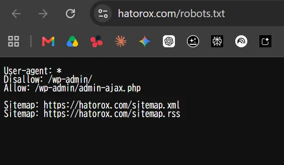 ブラウザでhatorox.comのrobots.txtを開いた画面。User-agentとDisallowの記述が5行表示されている