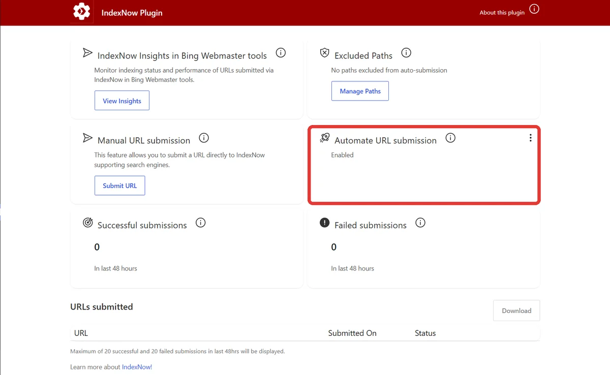IndexNowプラグインの設定画面。自動送信のAutomate URL submissionがEnabledになっている箇所を赤枠で示している